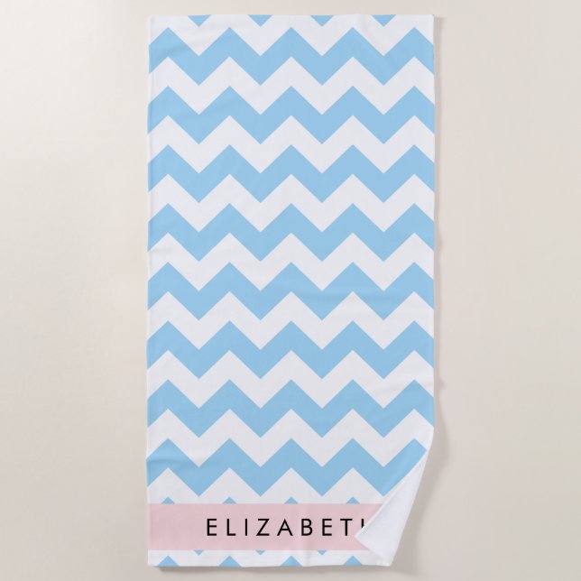 Blue Zigzag, Blue Chevron, Wave Pattern, Your Name Beach Towel (Front)