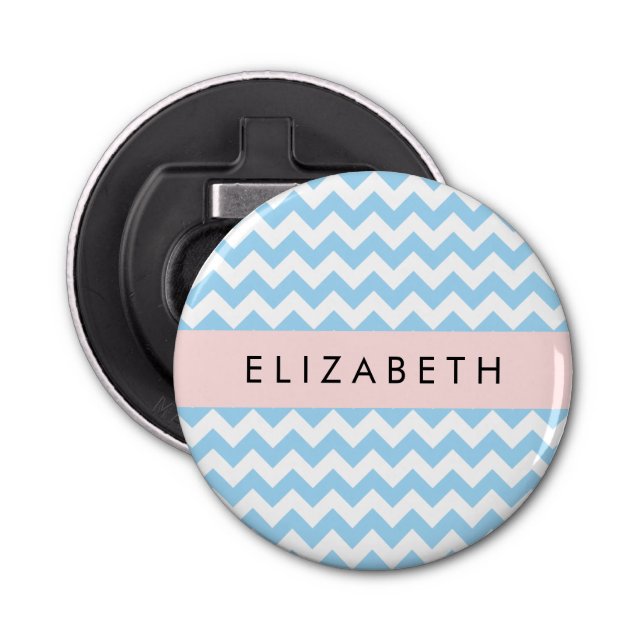 Blue Zigzag, Blue Chevron, Wave Pattern, Your Name Bottle Opener (Front)