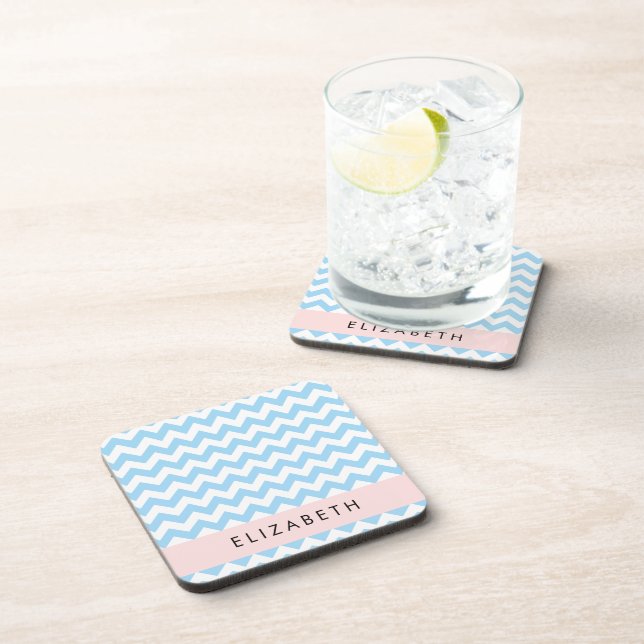 Blue Zigzag, Blue Chevron, Wave Pattern, Your Name Coaster (Right Side)