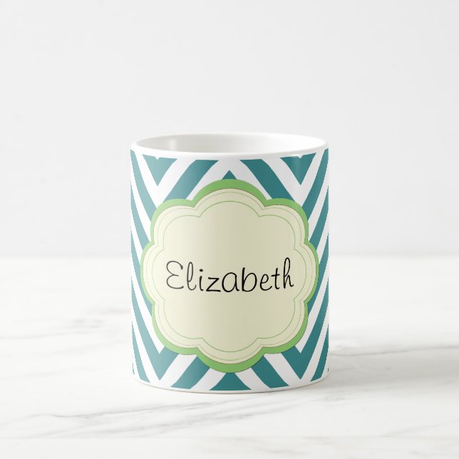 Blue Zigzag, Blue Chevron, Wave Pattern, Your Name Coffee Mug (Center)