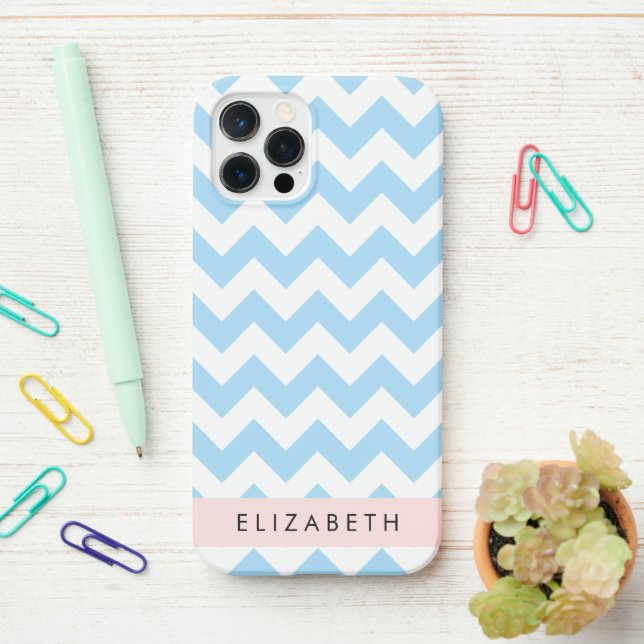 Blue Zigzag, Blue Chevron, Wave Pattern, Your Name iPhone Case (On Desk)