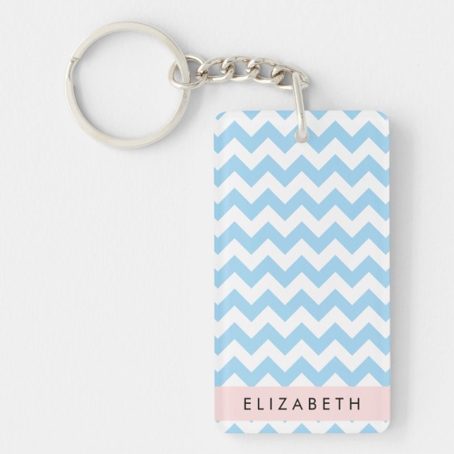 Blue Zigzag, Blue Chevron, Wave Pattern, Your Name Key Ring (Front)