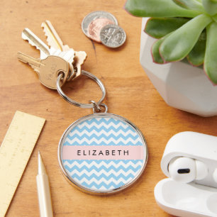 Blue Zigzag, Blue Chevron, Wave Pattern, Your Name Key Ring