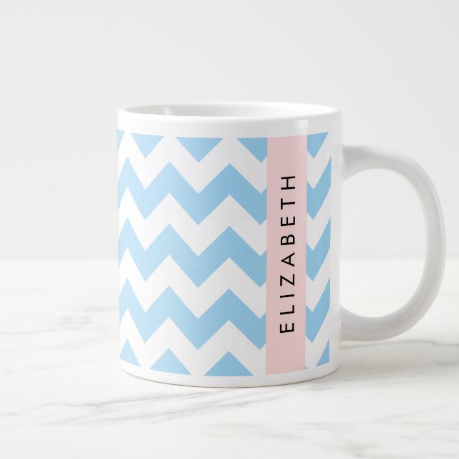 Blue Zigzag, Blue Chevron, Wave Pattern, Your Name Large Coffee Mug (Right)