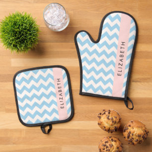 Blue Zigzag, Blue Chevron, Wave Pattern, Your Name Oven Mitt & Pot Holder Set