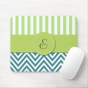 Blue Zigzag, Chevron, Green Stripes, Monogram Mouse Mat
