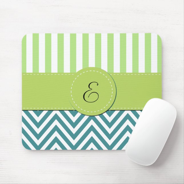 Blue Zigzag, Chevron, Green Stripes, Monogram Mouse Mat (With Mouse)