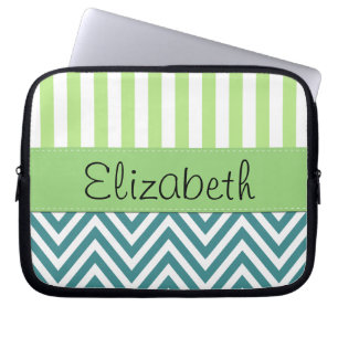Blue Zigzag, Chevron, Green Stripes, Your Name Laptop Sleeve