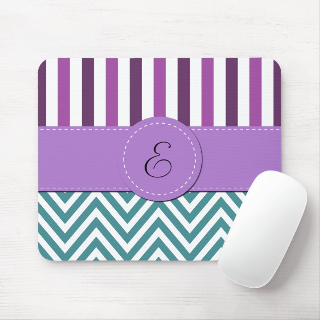 Blue Zigzag, Chevron, Purple Stripes, Monogram Mouse Mat (With Mouse)