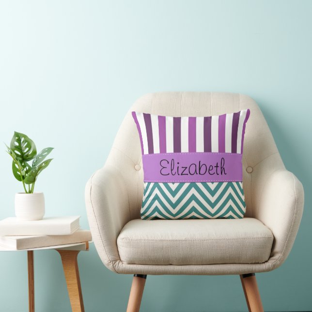 Blue Zigzag, Chevron, Purple Stripes, Your Name Cushion (Chair)