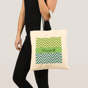 Blue Zigzag, Green Zigzag, Chevron, Your Name Tote Bag