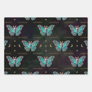 Blue Zircon December Birthstone Moth Birthday Wrapping Paper Sheet