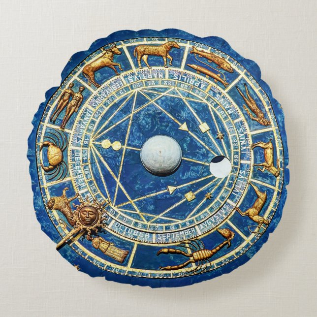 Blue Zodiac Astrology Birth / Sun Signs Gold Stars Round Cushion (Front)