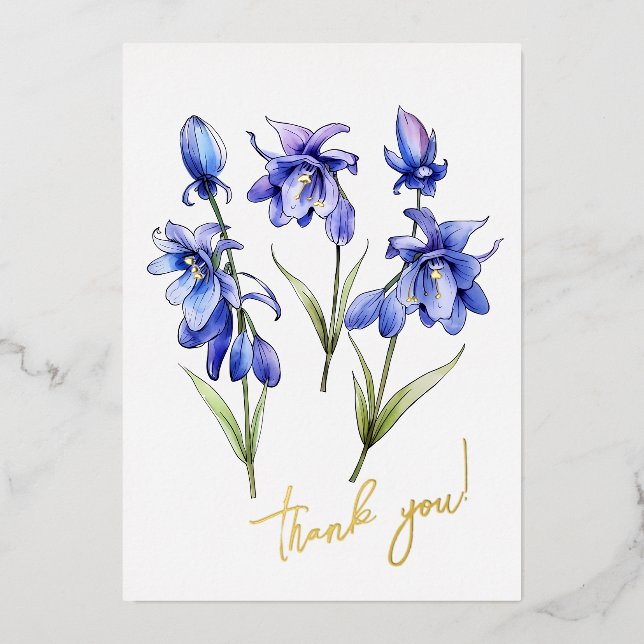 Bluebell Flower "Thank you!" Editable Foil Holiday Card (Front)