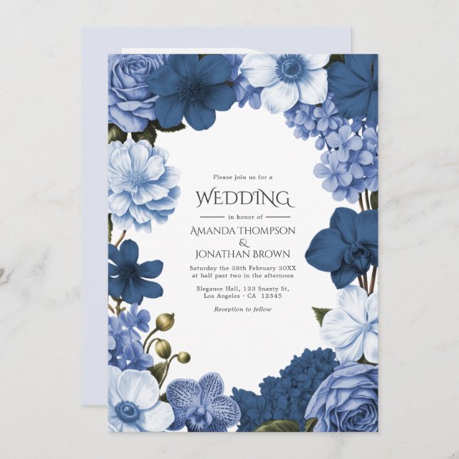 Bluebell Smoke, Marine Slate & Winter Sky Wedding Invitation (Front/Back)
