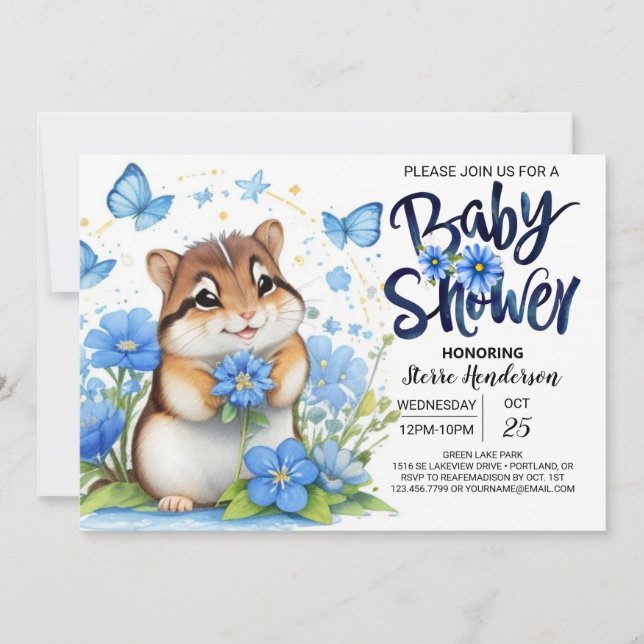 Bluebell Whimsy Chipmunk Blue Boy Baby Shower Invitation (Front)