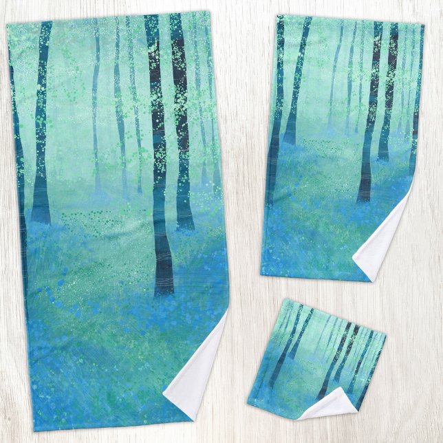 Bluebell Woodland Bath Towel Set (Bluebell Woodland forest abstract blue and green landscape art bathroom towel set)