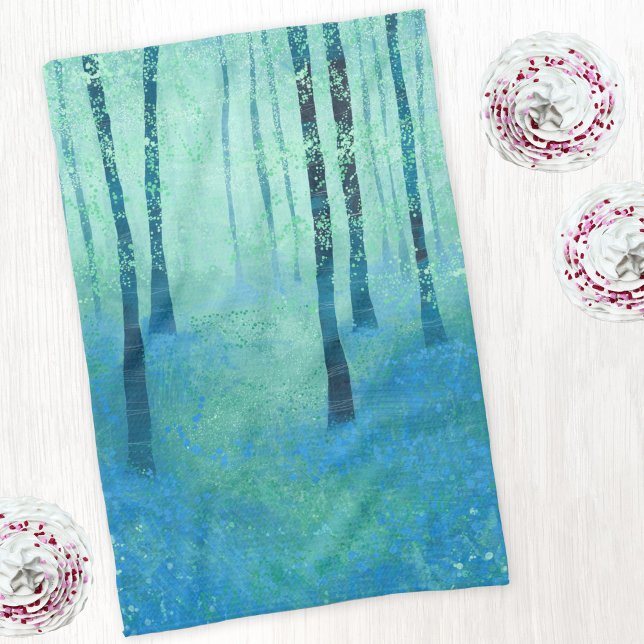 Bluebell Woodland Tea Towel (Bluebell forest woodland landscape art kitchen tea towel)