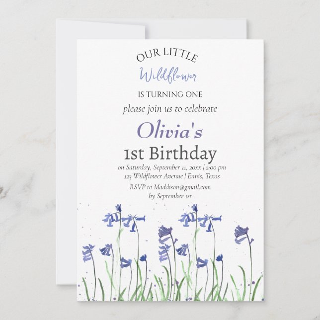 Bluebells 1st First Birthday Girl Blue Floral  Invitation (Front)