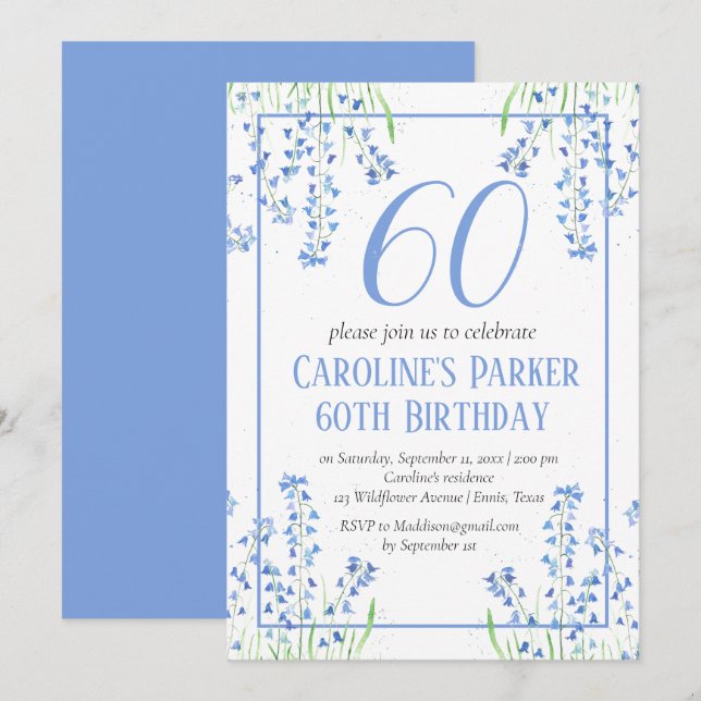 Bluebells 60th Birthday Blue Floral Botanical Invitation (Front/Back)