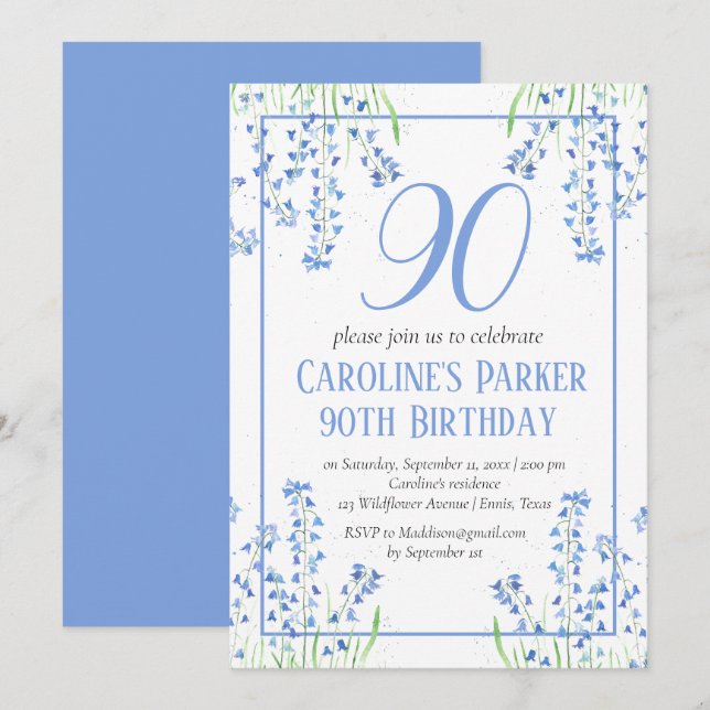 Bluebells 90th Birthday Blue Floral Botanical Invitation (Front/Back)