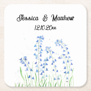 Bluebells Blue floral Watercolor nature Weddings Square Paper Coaster
