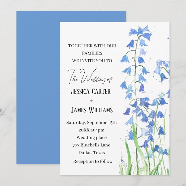 Bluebells Blue Floral Watercolor Spring Wedding Invitation (Front/Back)