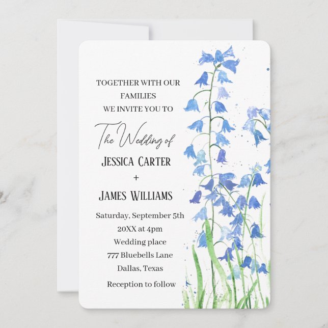 Bluebells Blue Floral Watercolor Spring Wedding Invitation (Front)
