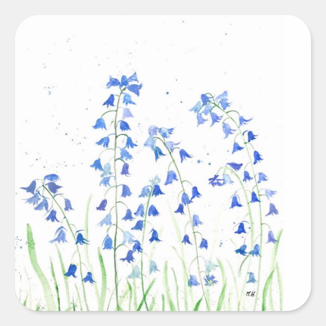 Bluebells blue flowers greenery botanical  square sticker (Front)