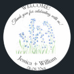 Bluebells Blue Watercolor Floral Modern Wedding Classic Round Sticker<br><div class="desc">Bluebells,  watercolor flowers,  blue flower,  bride and groom rustic,  modern Wedding envelope seals stickers. Unique,  hand painted design by artist Monika Howarth. Simple typography. Personalise it with your details.</div>