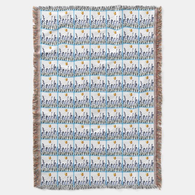 Bluebells Butterflies Floral Chequered Pattern Throw Blanket (Front Vertical)
