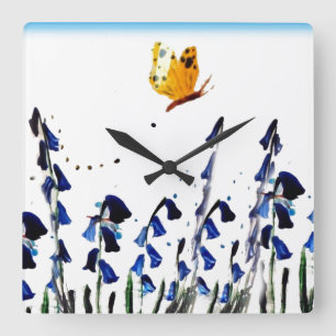 Bluebells Butterfly Floral Art Square Wall Clock