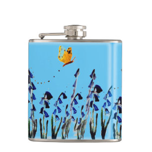 Bluebells Butterfly Painting Floral Hip Flask