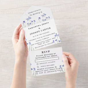 Bluebells Watercolor Blue Floral RSVP Wedding All In One Invitation