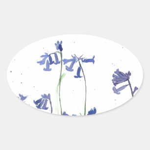 Bluebells watercolor blue flowers nature rustic  oval sticker