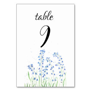 Bluebells Watercolor Floral Blue Flowers Wedding Table Number
