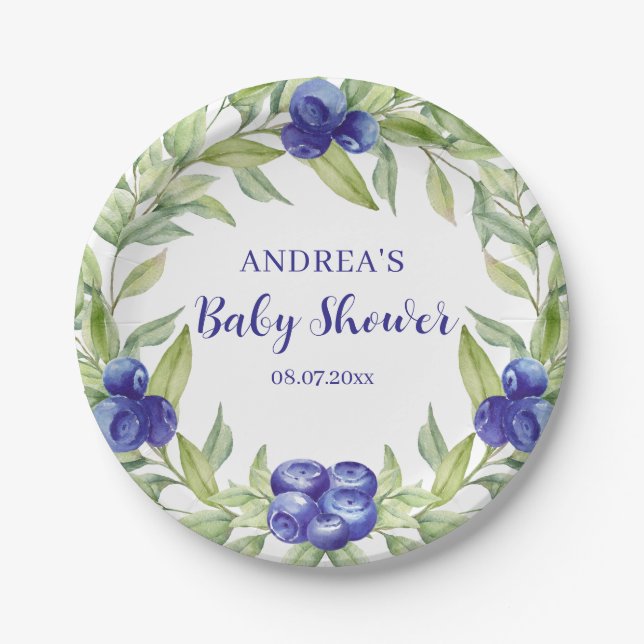 Blueberries and Greenery Foliage Baby Shower Paper Plate (Front)