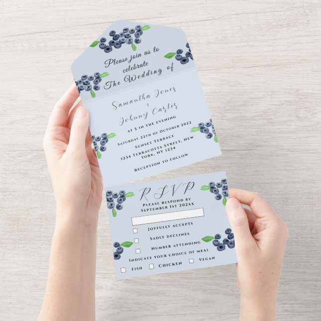 Blueberries Berries Fruit Elegant Blue Wedding  All In One Invitation (Tearaway)