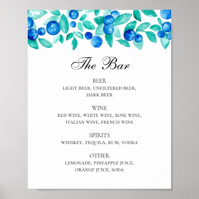 Blueberries. Blue and mint wedding drinks bar menu Poster (Front)
