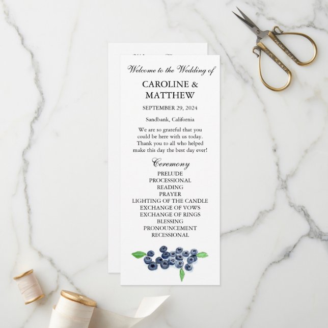 Blueberries Blue Fruit Watercolor Rustic Wedding  Programme (Front/Back In Situ)