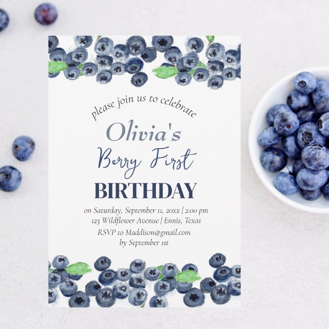 Blueberries Fruit 1st Berry First Birthday  Invitation (Creator Uploaded)