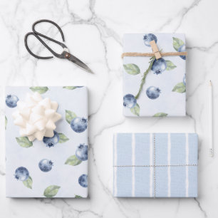 Blueberries Fruit Blue White Stripes Birthday Wrapping Paper Sheet