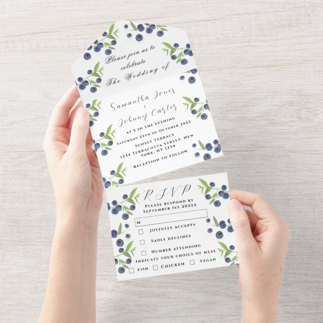 Blueberries Fruits Summer Elegant Rustic Wedding All In One Invitation (Tearaway)