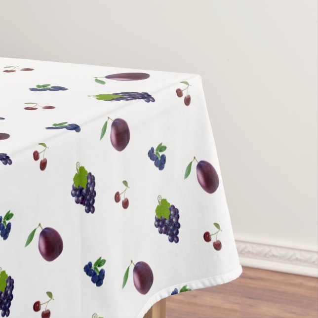 Blueberries, Grapes & Other Purple Fruits on White Tablecloth (In Situ)