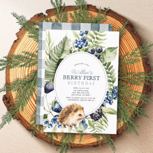 Blueberries & Hedgehog Berry First 1st Birthday Invitation