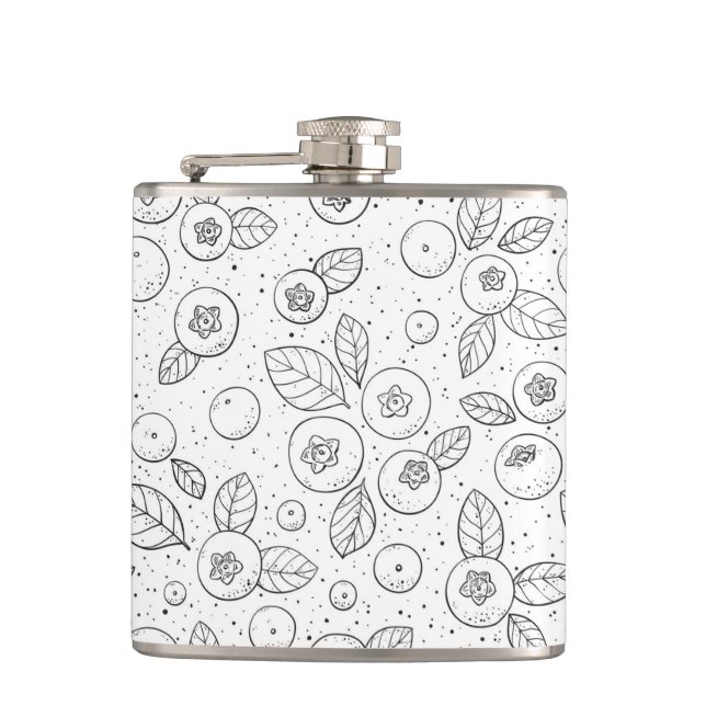 Blueberries on black and white hip flask (Front)