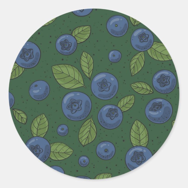 Blueberries on dark green classic round sticker (Front)