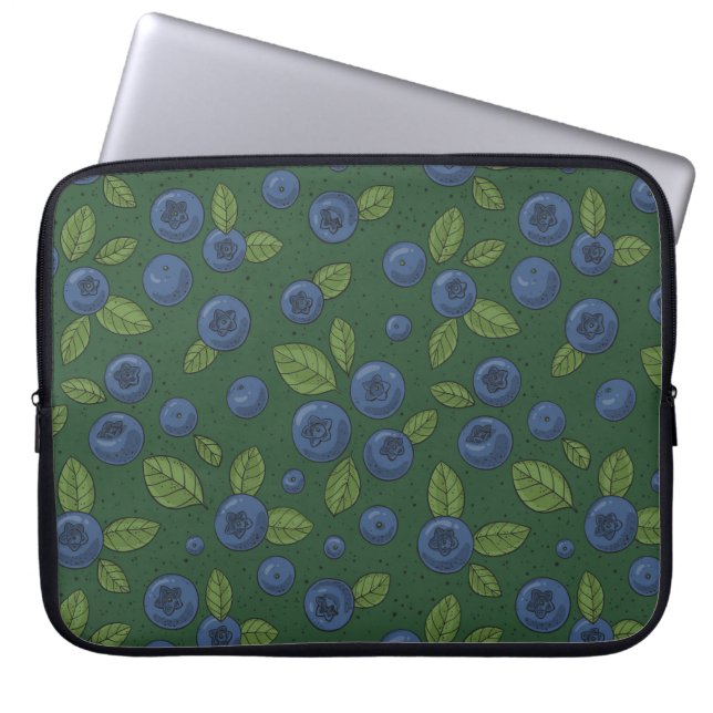 Blueberries on dark green laptop sleeve (Front)