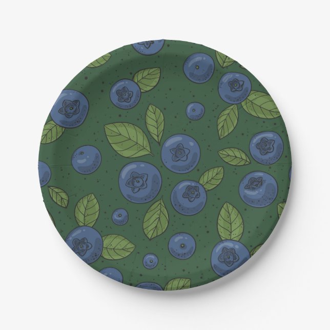 Blueberries on dark green paper plate (Front)