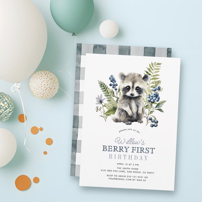 Blueberries & Raccoon Boy Berry First 1st Birthday Invitation (Creator Uploaded)